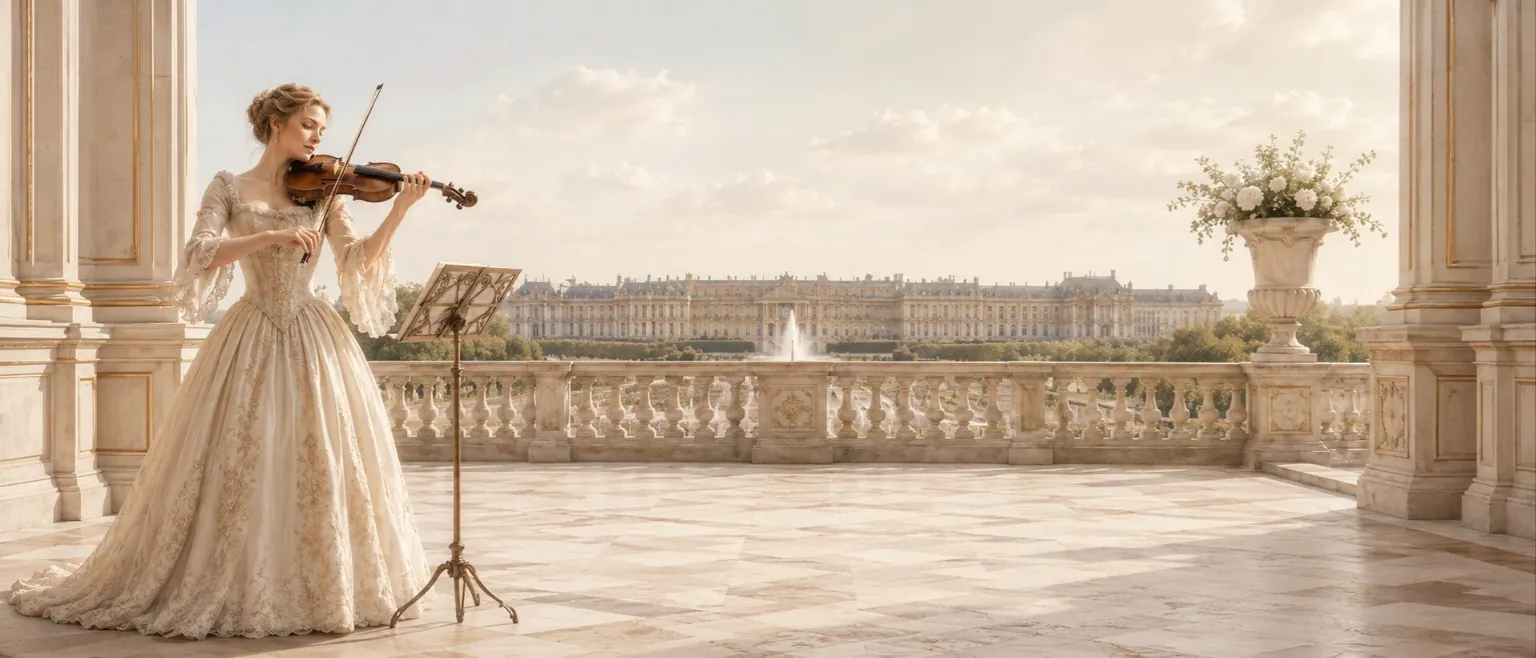A violinist in a Baroque gown on a palace terrace