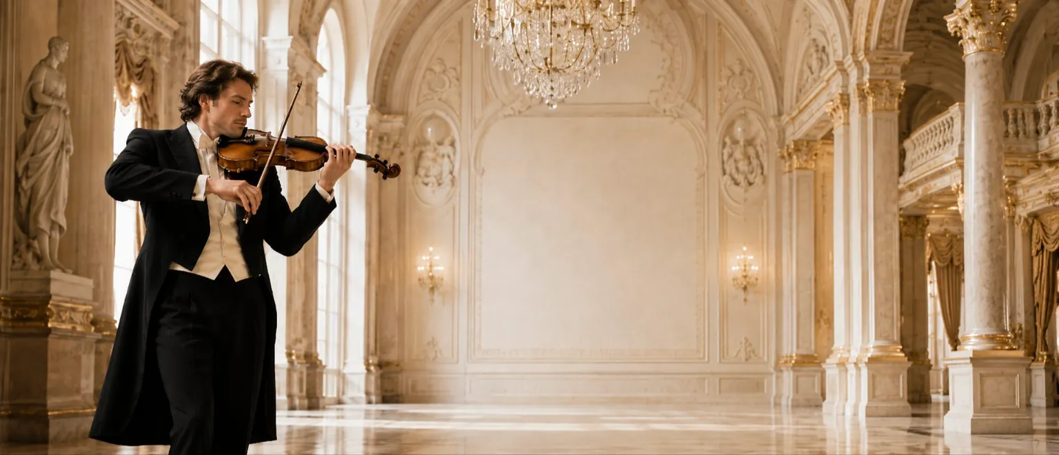 A violinist in tails performs in a marble hall